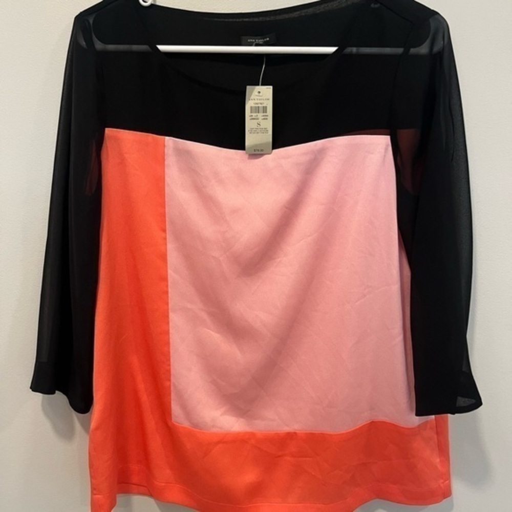 Ann Taylor Women's Top Shirt Colorblock 3/4‎ Sheer Sleeve Crewneck Small NWT